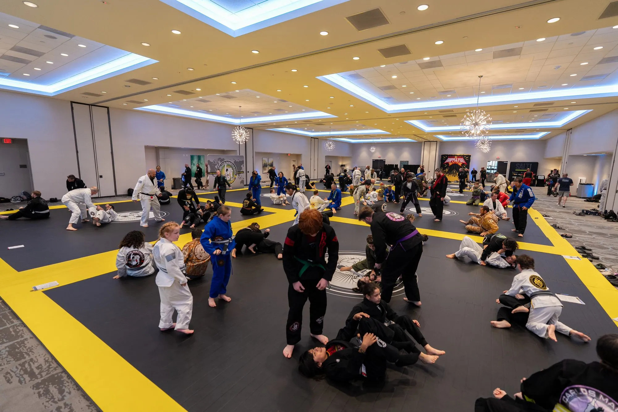 Wide view of the ballroom mat with dozens of pairs drilling across the floor